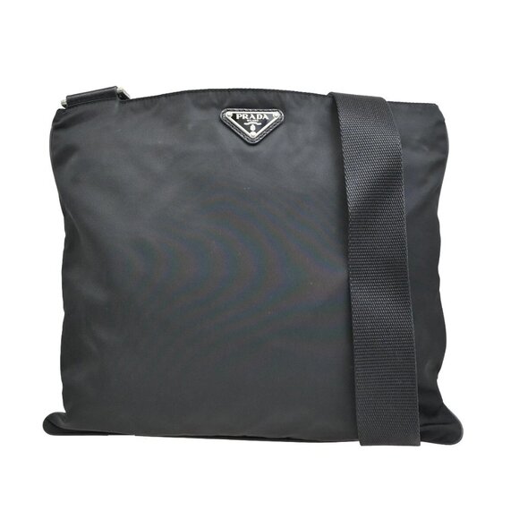 PRADA MILANO Logo Tessuto Shoulder Bag Nylon Leather Black Silver Italy 30EF087 - Picture 1 of 16